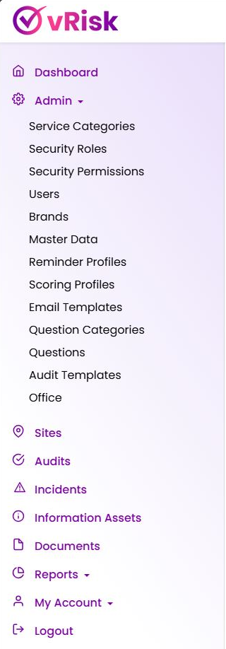 vRisk navigation showing audits, incidents, information assets, documents and reports
